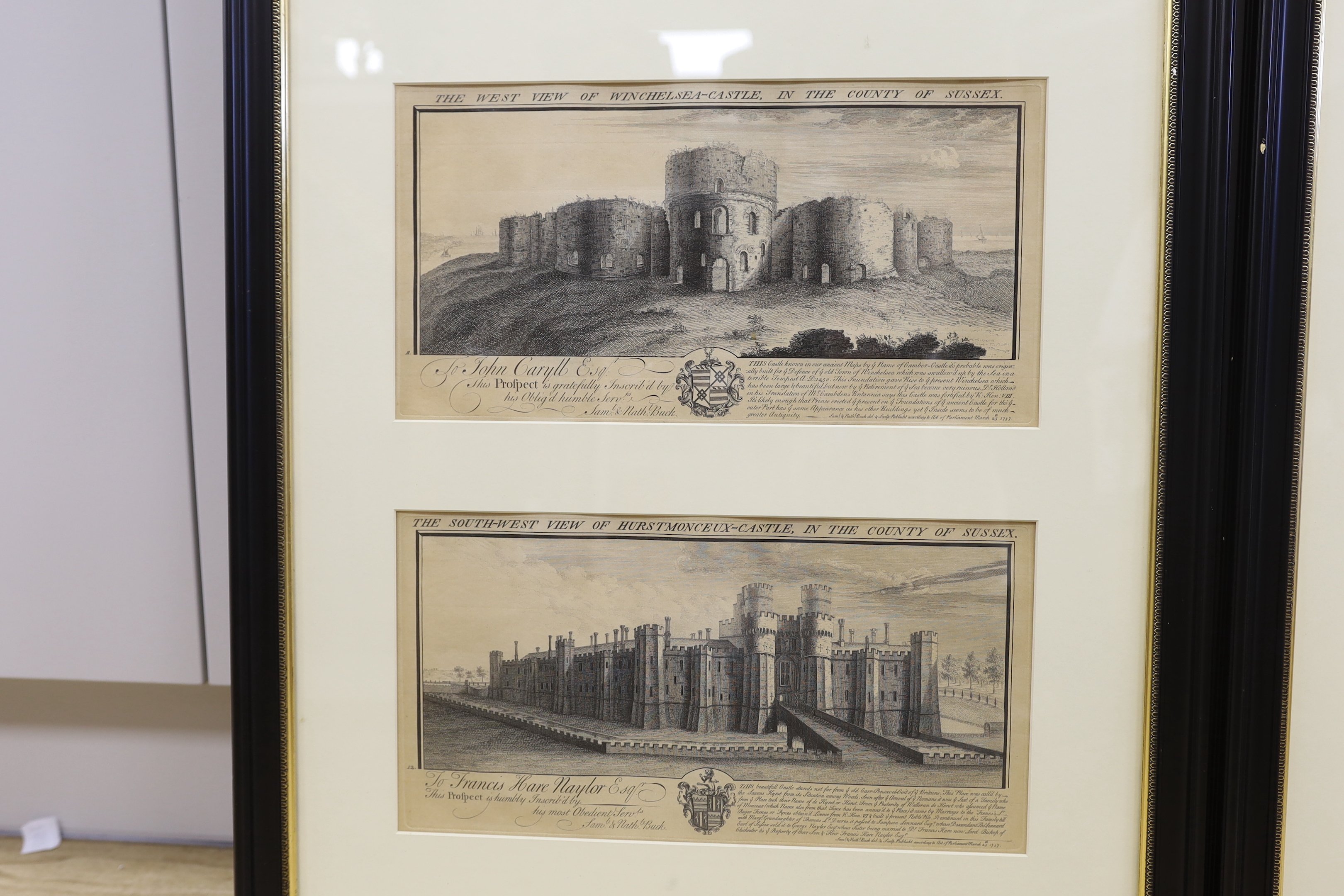 S & N. Buck. A set of twelve 18th century black and white engravings of Sussex Castles and Priories, including Pevensey Castle and Bodiam Castle, framed as three, 38 x 19cm